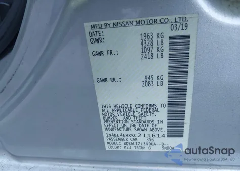 2019 Nissan Altima 2.5 Sl z USA, uszkodzony, nr VIN 1N4BL4EVXKC211614